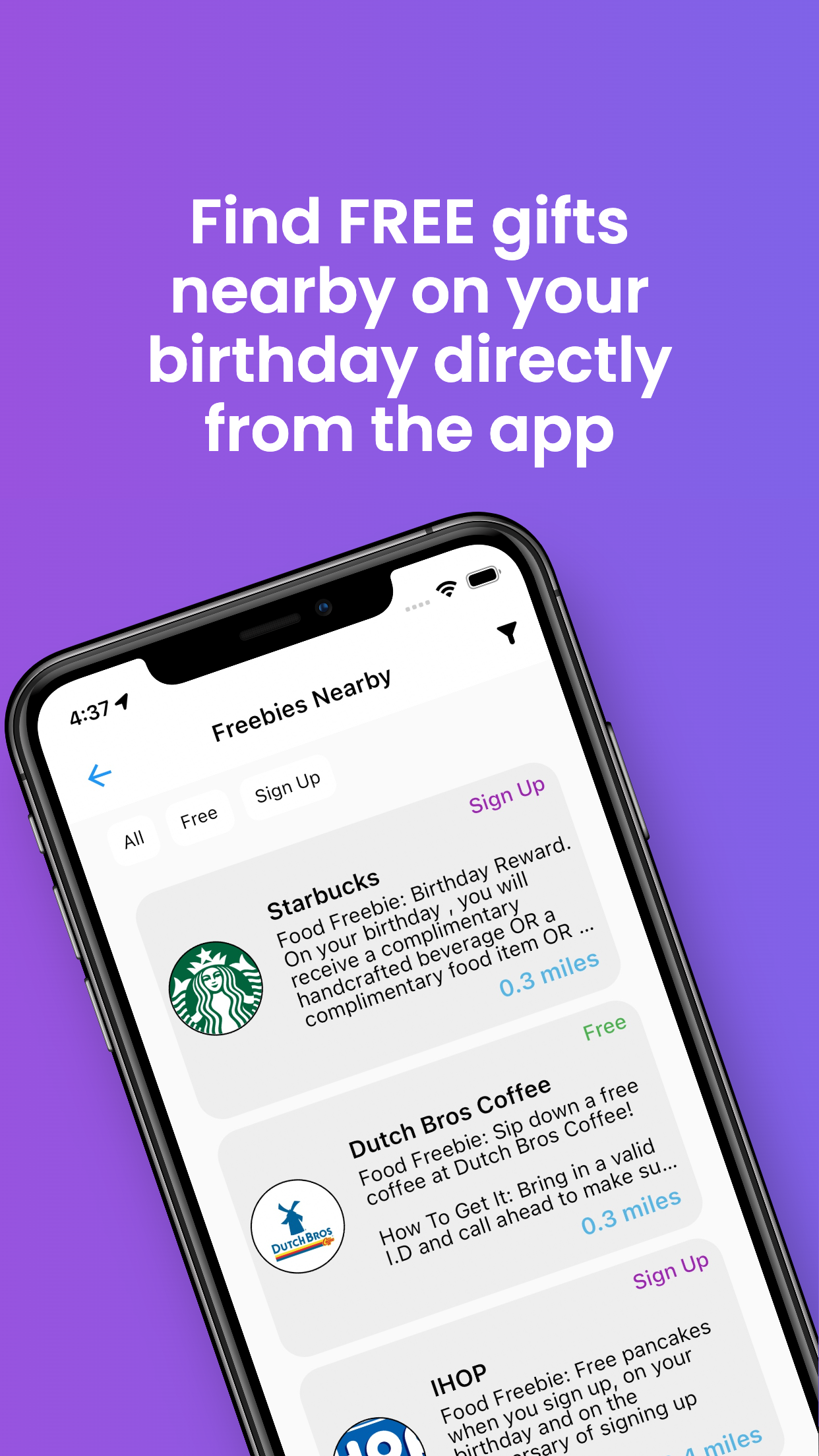 App screenshot showcasing birthday deals